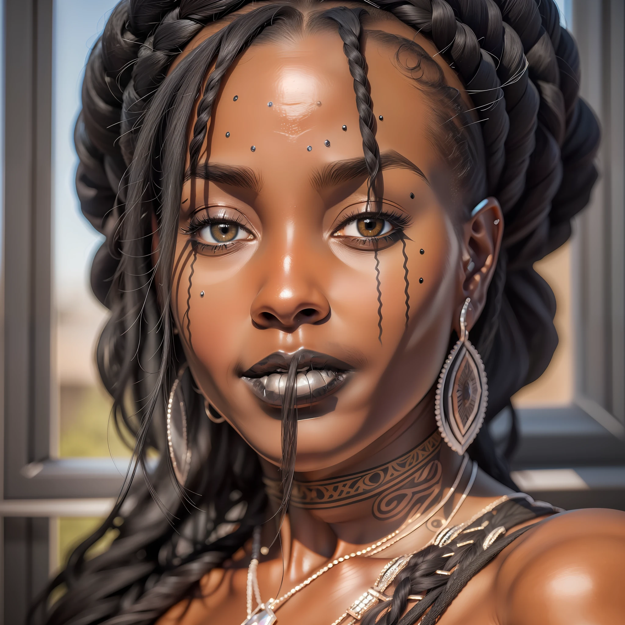 (((Face seen up close))), Photorealism, masterpiece, best quality, play of light, window, detailed and realistic skin, HDR, woman of (((black skin))), Senegal, detailed face, striking lips, dread hair, hair stuck, jewelry, silver, earrings, detailed hair, detailed eyes, black eyes, open sky background, sunlight,