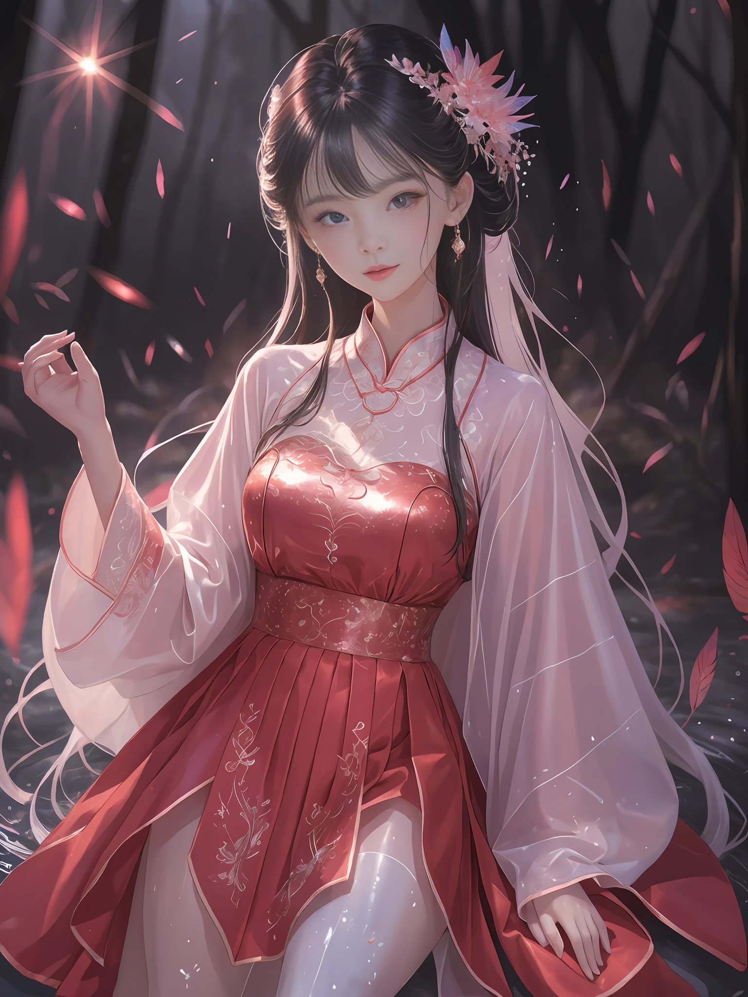 (best quality, masterpiece, high resolution, glow, flood, lens glare, wide angle), sunlight, full body, 1 [Chinese|Russian|Japanese|Korean] girl, ((Mei red:1.1) clothes), necklace, jewelry, long hair, earrings, super delicate face, beautiful face, full face blush, perfect eyes (very long eyelashes: 1.4), smirk,glowing pupils, (white stockings: 0.9), realism, (high detail skin: 1.2), 8k ultra hd, DSLR, high quality, volumetric lighting, frankness, high resolution, 4K, 8K, background bokeh, dream forest,Lycoris radiata，feather drop effect, morning, foreground