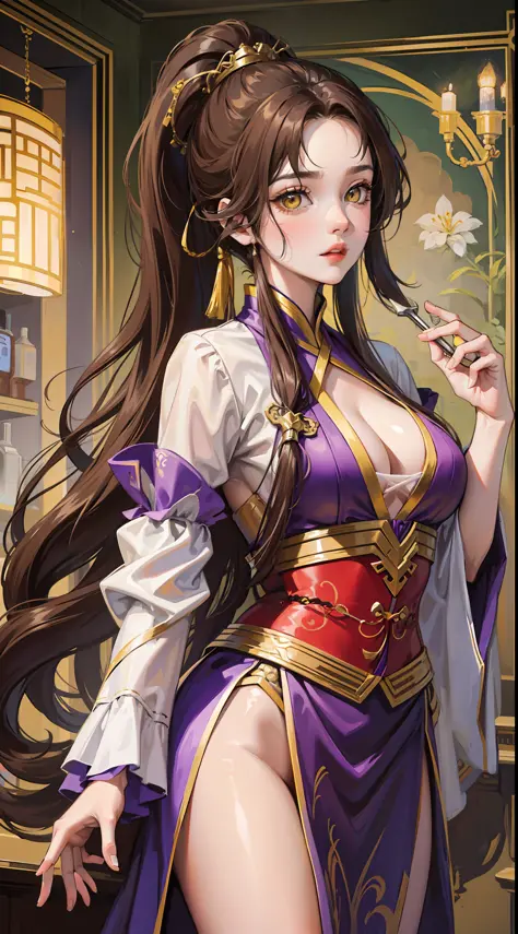 Adult woman, long brown hair, high ponytail, yellow eyes, purple hanfu, open breasts, masterpiece, high quality