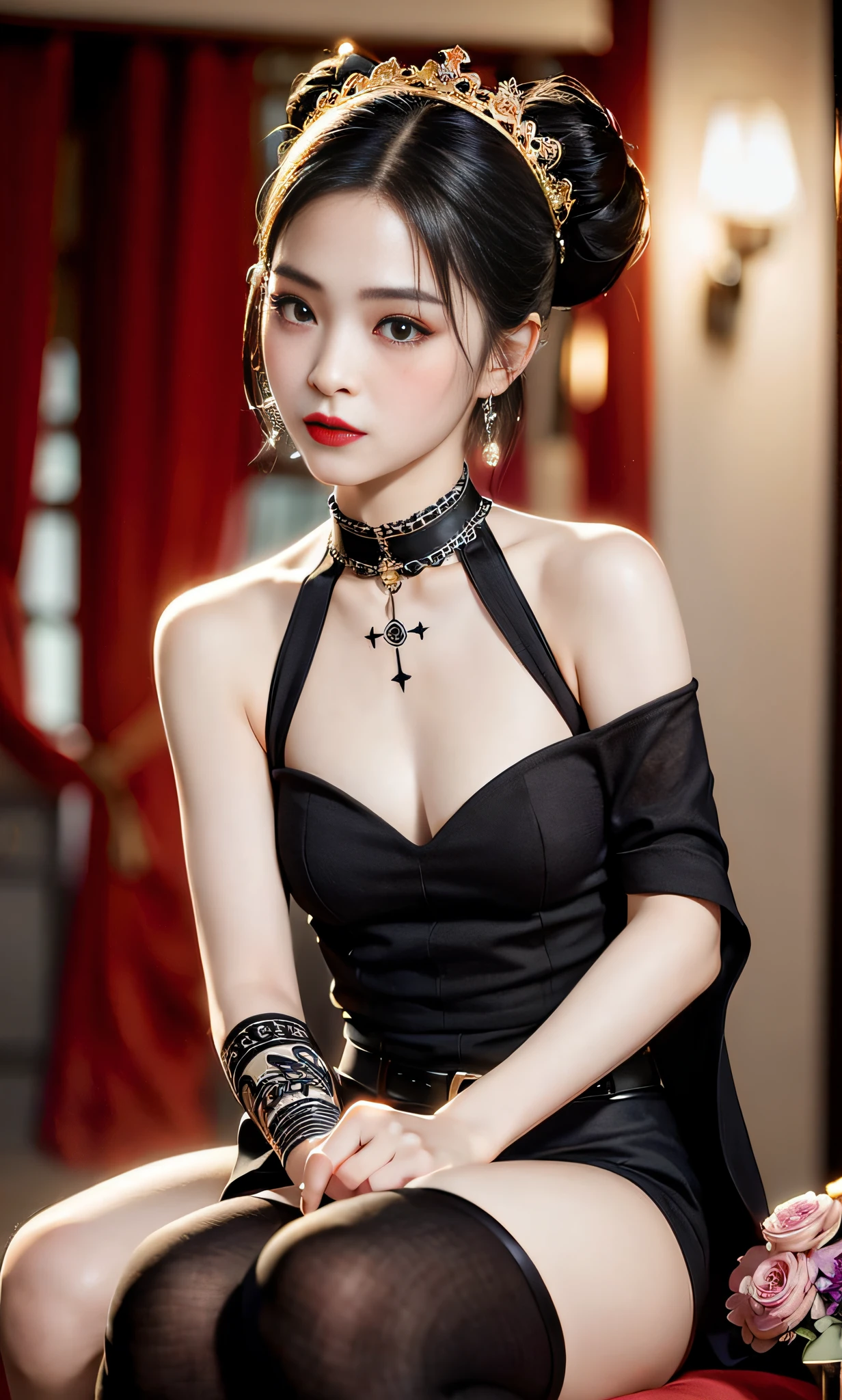 (8k, RAW photos,Best quality, High Resolution:1.1), (Hyperrealistic:1.4),(Realistic, Photorealistic:1.3), Soft Light,Realistic Face,Realistic Body,Realistic Skin,Absurdity,Masterpiece,(Cute:1.8),(Bun Head,Hairpin,Kanzashi),(Big:1.2),(Very dark lip gloss,Pure black lipstick,So many eyelashes, Black Eyeshadow),Double Teeth,Open Lips,Provocative Expression,Blushing,Good Style,(Han Cloth,花魁,Song Dynasty,Song Cloth),Chest Fluttering,Deep Slit,Beautiful Legs,Thighs,Sitting,Cinema Light,Film Grain,Close Up,Look Viewer,Full Body,Depth of Field, Blurred Background,Eye Focus,Young,85mm Lens, F/1.4,Professional Lighting, portrait, photon mapping, radiosity, physically based rendering, tribal tattoo, transparency, Japan girls, night