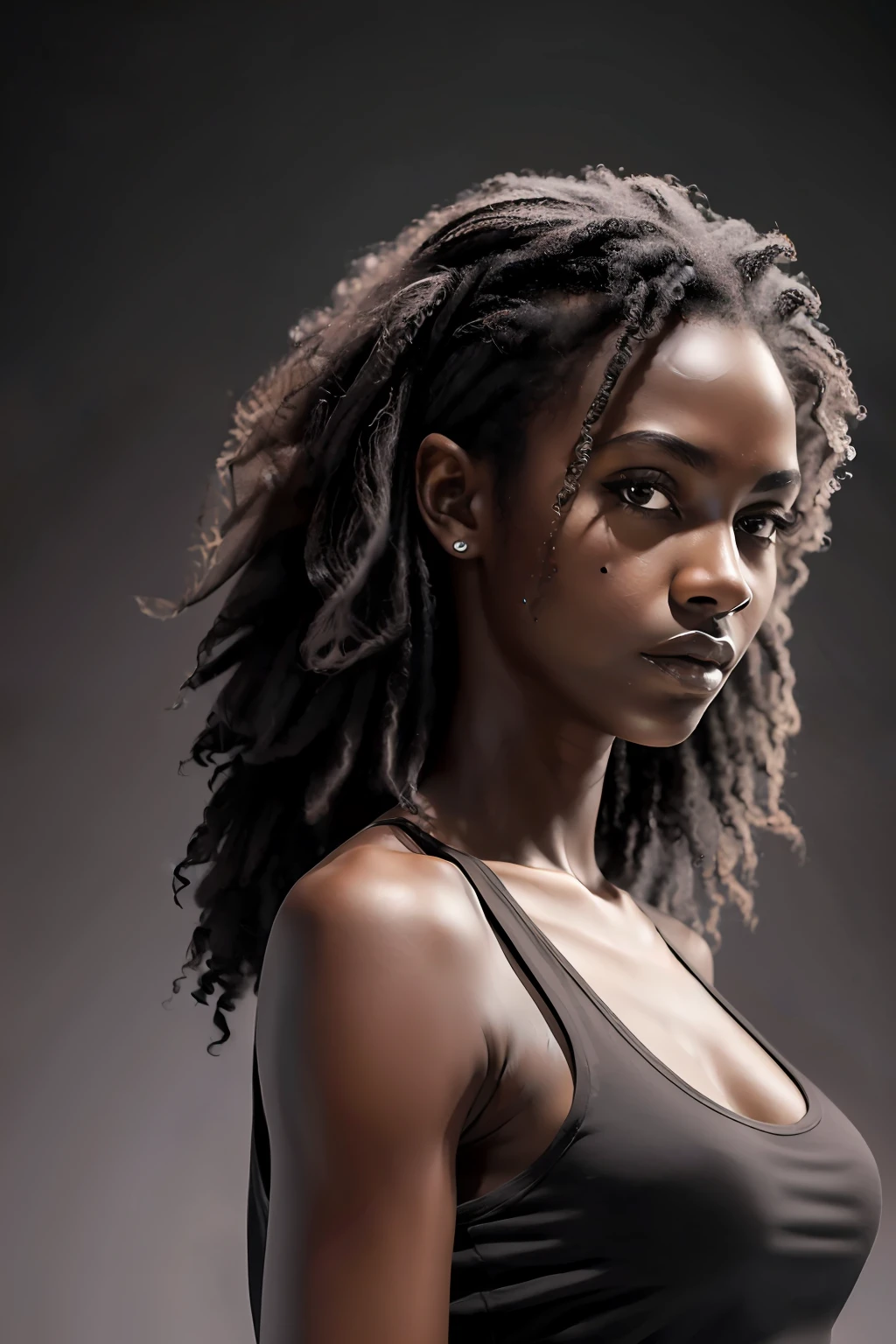 masterpiece, (best quality:1.5), highly detailed, (photorealistic:1.5), (photo:1.2) of young tall slender woman, dark skin, upper body, 8k, darkness, accent lighting, 100mm, high contrast, simple background, hands down, ((short:1.5)) curly hair, black tank top, ((shadows:1.2)), sharp focus, centered, looking at the camera, (aesthetic:1.3)