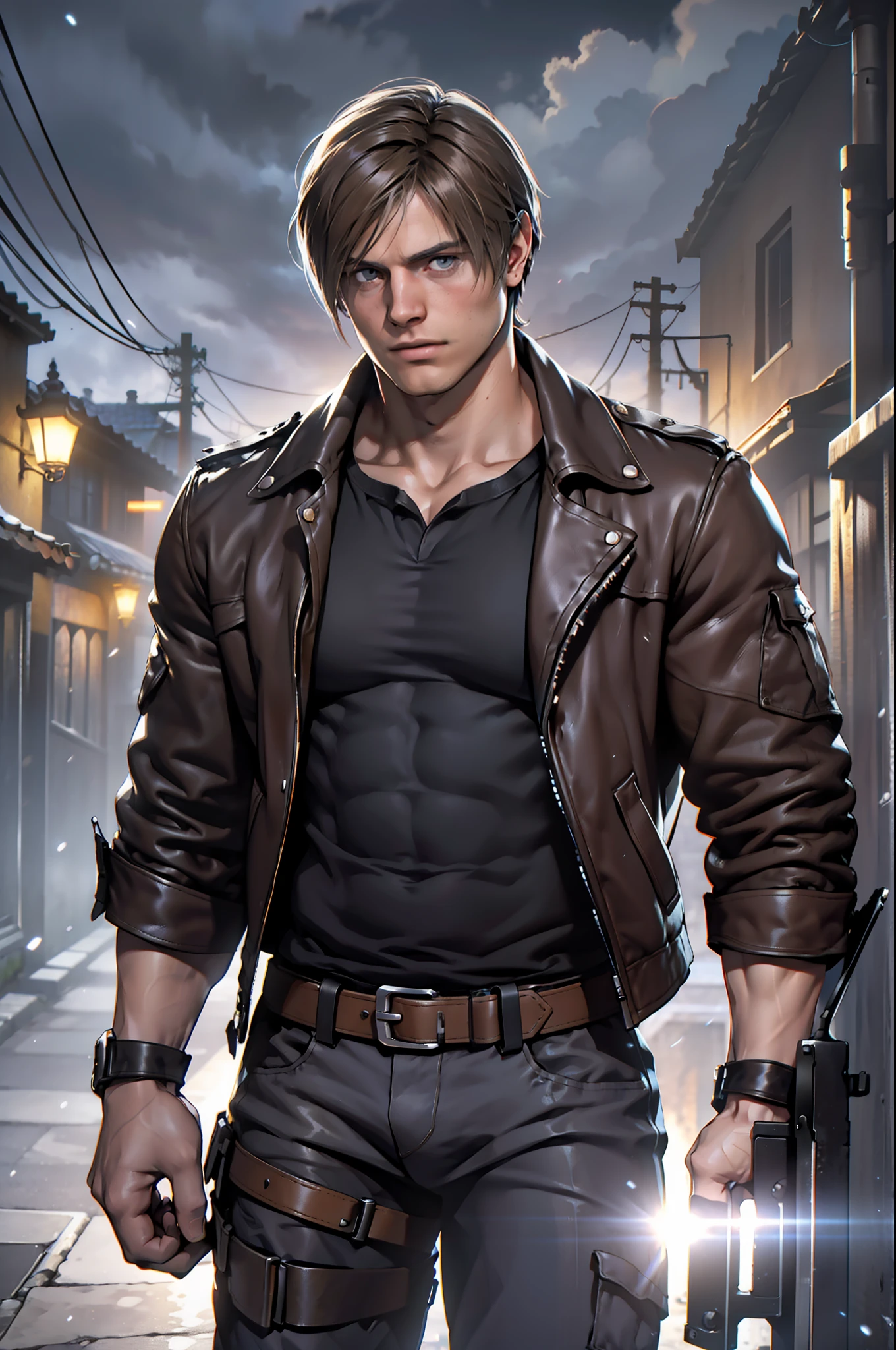 1 man, young man, 27 year old, Leon S. Kennedy from Resident evil 4, face of Eudard Badaluta, solo, white skin, muscular, lean muscle man, tall, hunk, wide shoulder, clean-shaven, dark brown hair, curtain hairstyle, dark brown leather jacket white fur on the neck, black T shirt inside, black pant, holding a pistol on right hand, viewer looking, high resolution:1.2, best quality, upper body shot, flat style, cloudy sky and old Spanish village background, nightime, low camera angle, volumetric lighting, depth of field, shadow