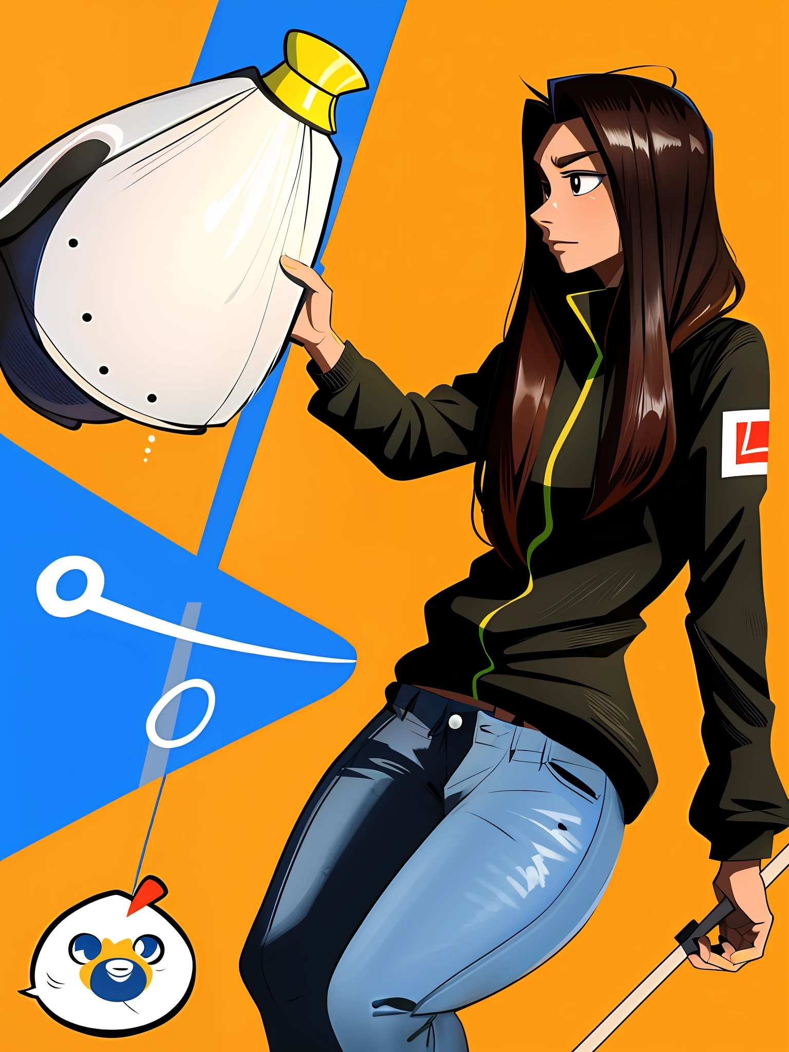 Anime girl with a broom and a penguin on a yellow background - SeaArt AI