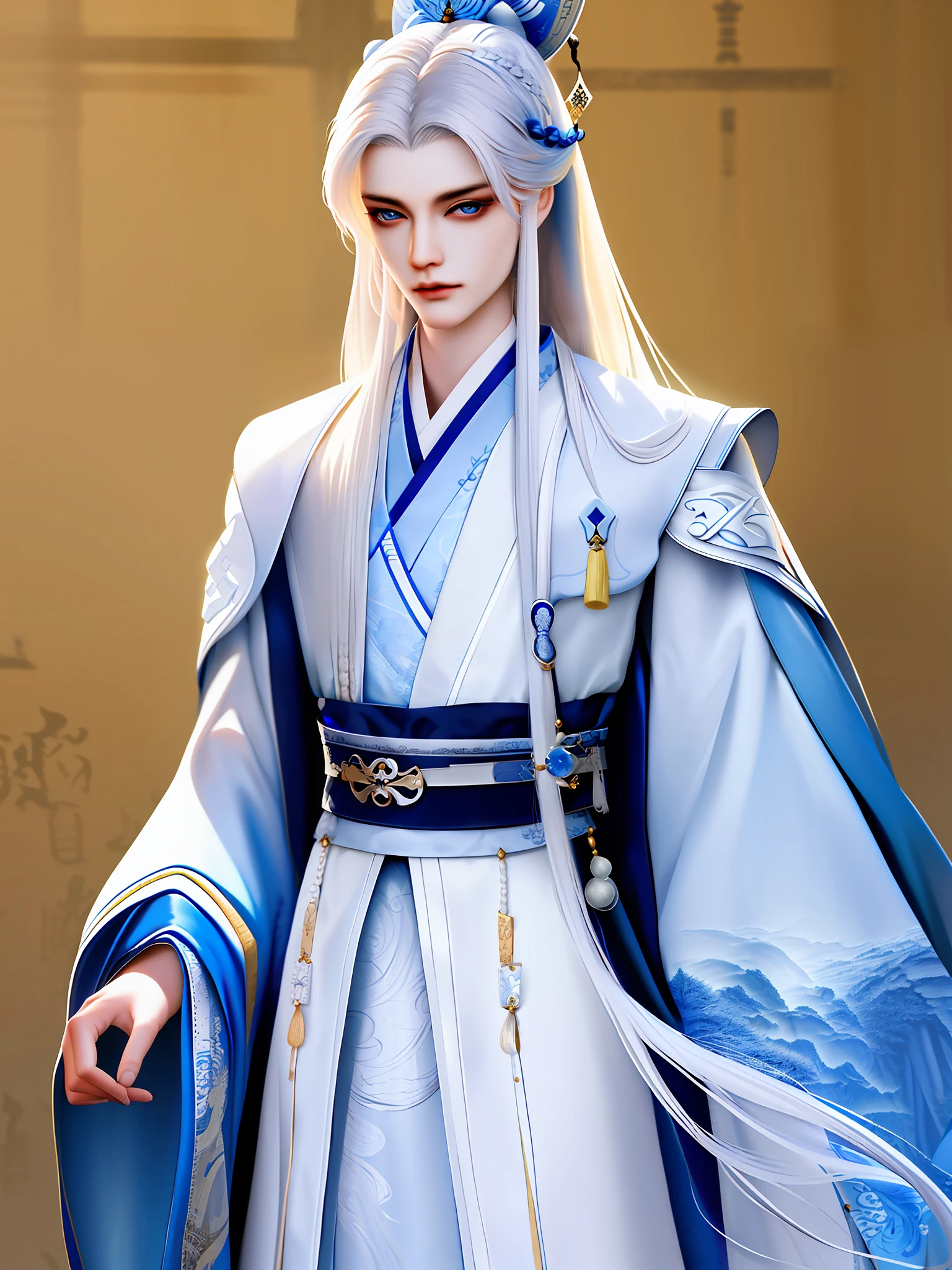 Best quality, masterpiece, very detailed wallpaper, long hair, 1boy, white hair, solo, hair accessories, blue eyes, hanfu, ancient officials, official hats, tou, zigza, hanfu, hold, long sleeves, song dynasty,