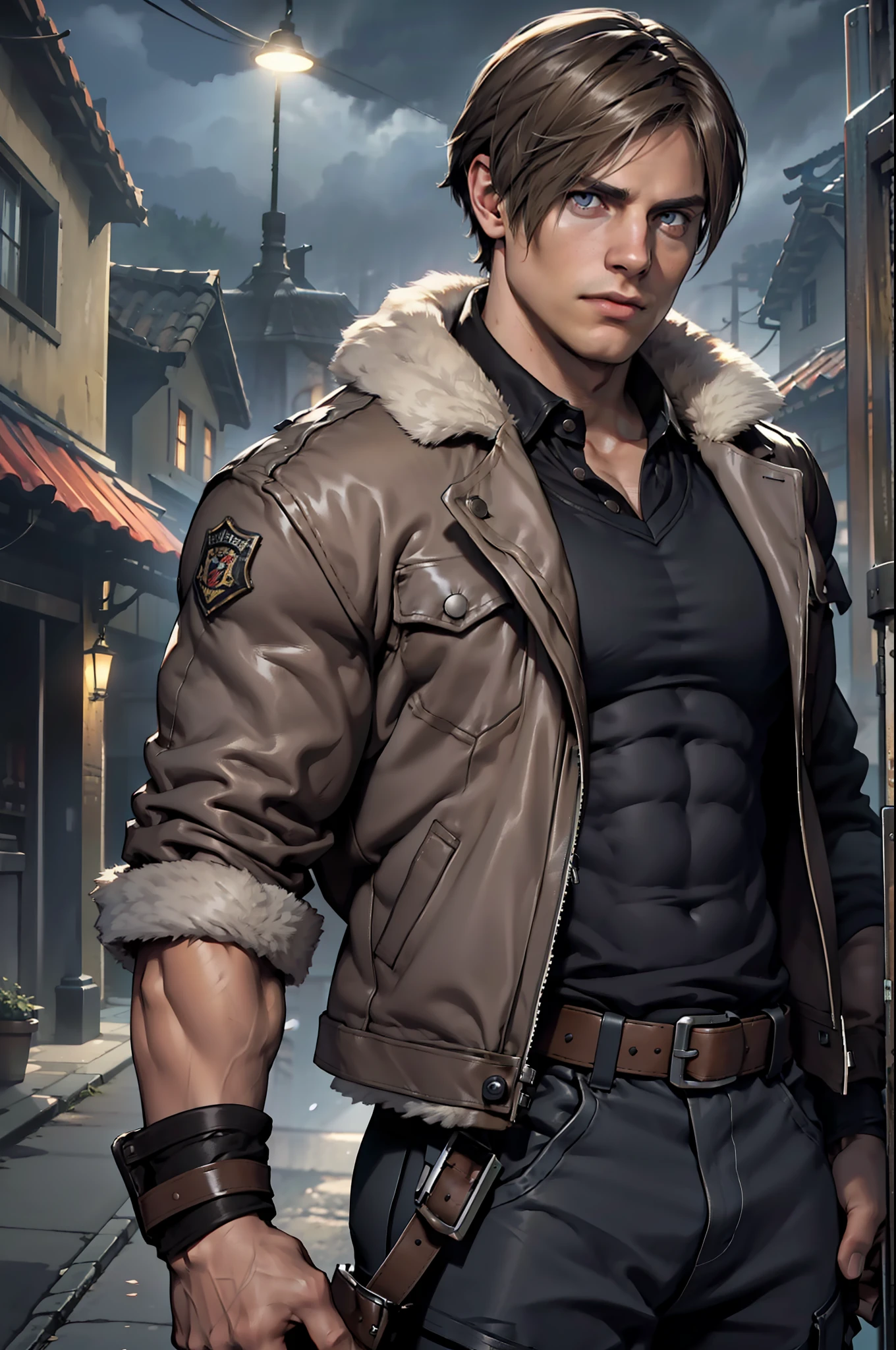 1 man, young man, 27 year old, Leon S. Kennedy from Resident evil 4, face of Eudard Badaluta, solo, white skin, muscular, lean muscle man, tall, hunk, wide shoulder, clean-shaven, dark brown hair, curtain hairstyle, dark brown cold leather jacket white fur on the neck, black T shirt inside, black pant, holding a pistol on right hand, viewer looking, high resolution:1.2, best quality, upper body shot, flat style, cloudy sky and old Spanish village background, nightime, low camera angle, volumetric lighting, depth of field, shadow