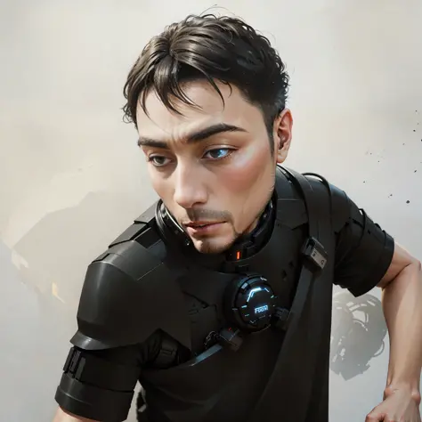 a man, human face, black hair, wearing mecha, machine armor, tech helmet, metal, protruding parts, neck connected by machine lev...