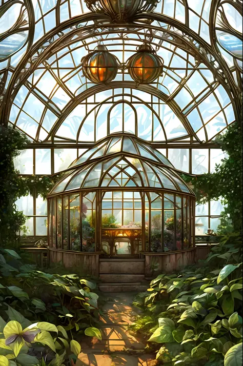 glass greenhouse, fantasy overgrown world, whimsical fantasy landscape art, magical concept art, magical environment, 4k highly detailed digital art, background artwork, detailed fantasy digital art, a bustling magical town, fantasy matte painting，cute, fa...