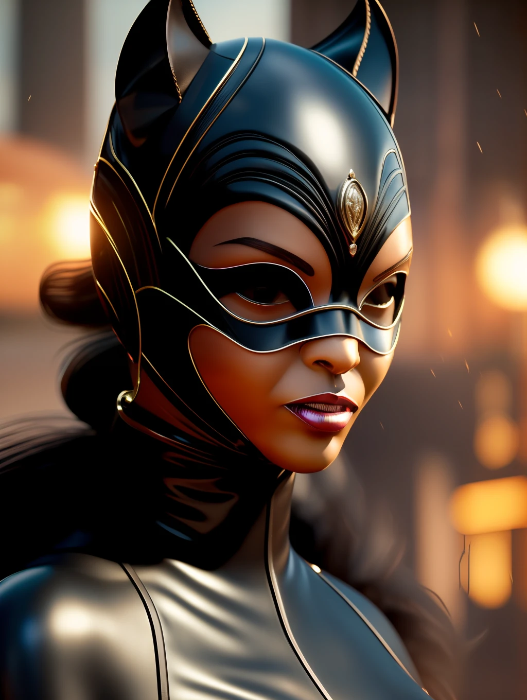 1 Afro-American beautiful woman, (catwoman, vintage catwoman suit,  superhero), (insanely beautiful Afro-American woman - SeaArt AI