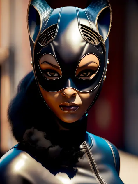1 Afro-American beautiful woman, (catwoman, vintage catwoman suit,  superhero), (insanely beautiful Afro-American woman - SeaArt AI