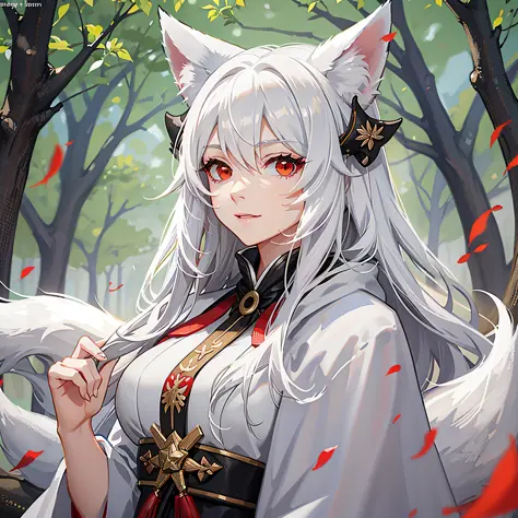 Fox, female, white hair, red eyes, wearing a white robe with furry fox ears