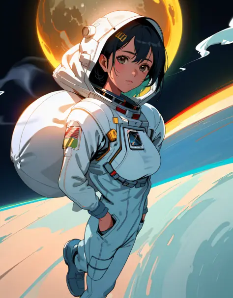 girl in astronaut suit on moon, (an extremely delicate and beautiful work), beautiful face, waist leaking, full body, random pos...