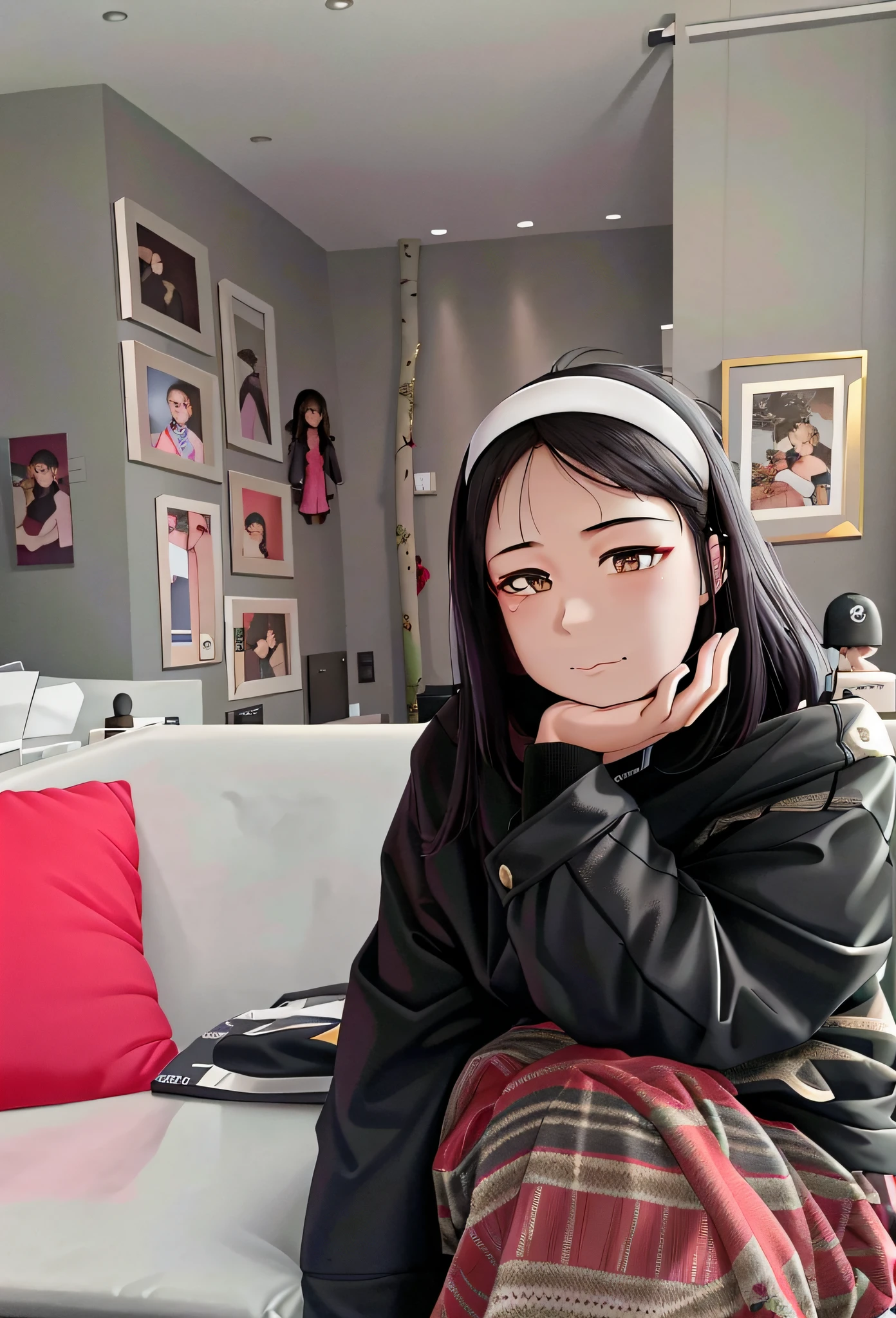 there is a woman sitting on a couch with a headband on, a young asian woman, chinese artist, xintong chen, young cute wan asian face, korean artist, young asian girl, wenfei ye, taken with sony alpha 9, young asian woman, xision wu, portrait of jossi of blackpink, portrait of a japanese teen, an asian woman, louise zhang