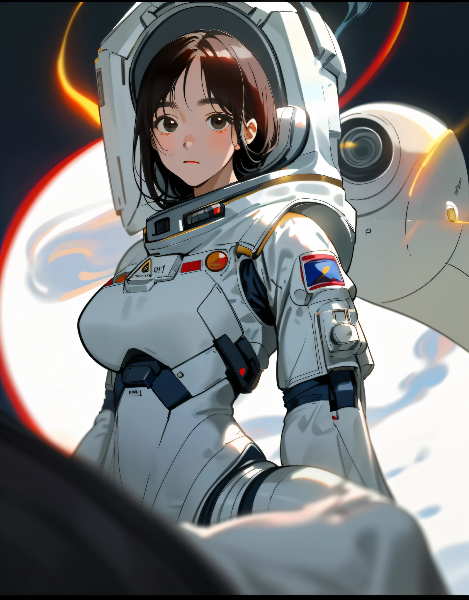 Korean girl in astronaut suit on moon, (An extremely delicate and beautiful work), beautiful face, waist leaking, full body, Random posture, big breasts, delicate figure, realistic photo, (portrait), [smoke], [haze], natural lighting, shallow depth of field, photographed on a Canon EOS-1D X Mark III, 50mm lens, F/2.8, (intricately detailed, hyperdetailed), ((RAW color)), sharp focus, HDR, 4k resolution, Cinematic film