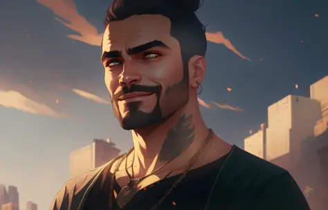 there is a man with a beard and a necklace on his neck, epic portrait illustration, style of gta v artworks, detailed character portrait, realistic artstyle, fantasy art smug smile man, character art portrait, photorealistic artstyle, character art closeup...