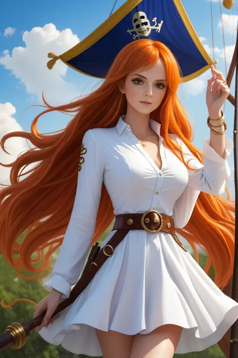 (((masterpiece+best quality+high resolution+ultra-detailed))), 1girl with clima-tact, Nami, long silky orange hair, high nose, sharp eyes, noble and inviolable temperament, (([female]: 1.2 + [beauty]: 1.2 + orange long hair: 1.2)), pirate ship background, ...