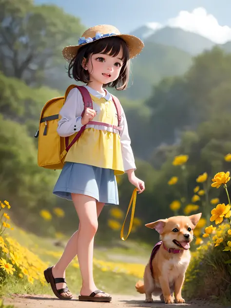 Tip: A very charming little girl with a backpack and her adorable puppy enjoying a lovely spring outing surrounded by beautiful ...