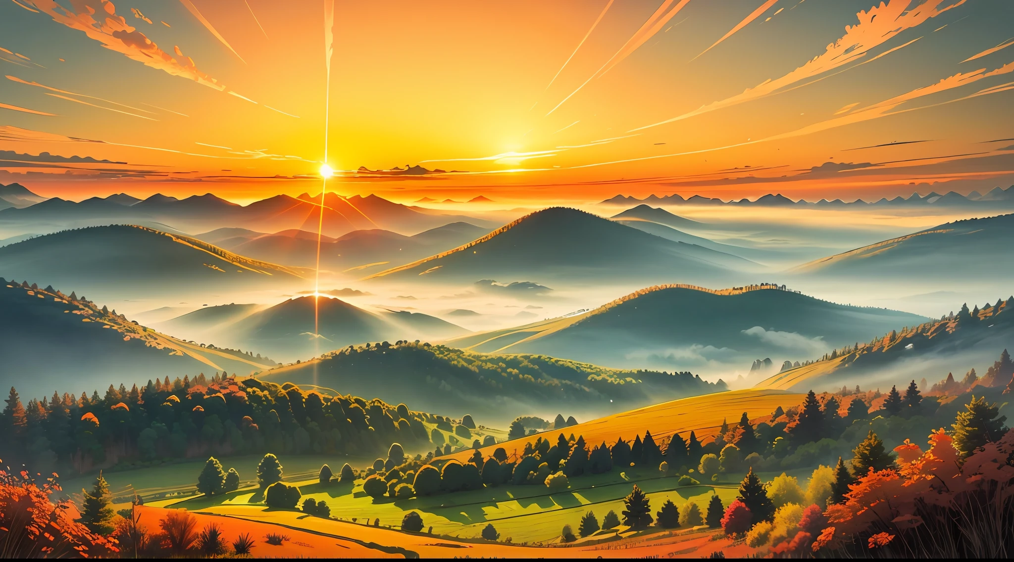 Ein Bild, das einen strahlenden Sonnenaufgang über einer ruhigen und heiteren Landschaft zeigt