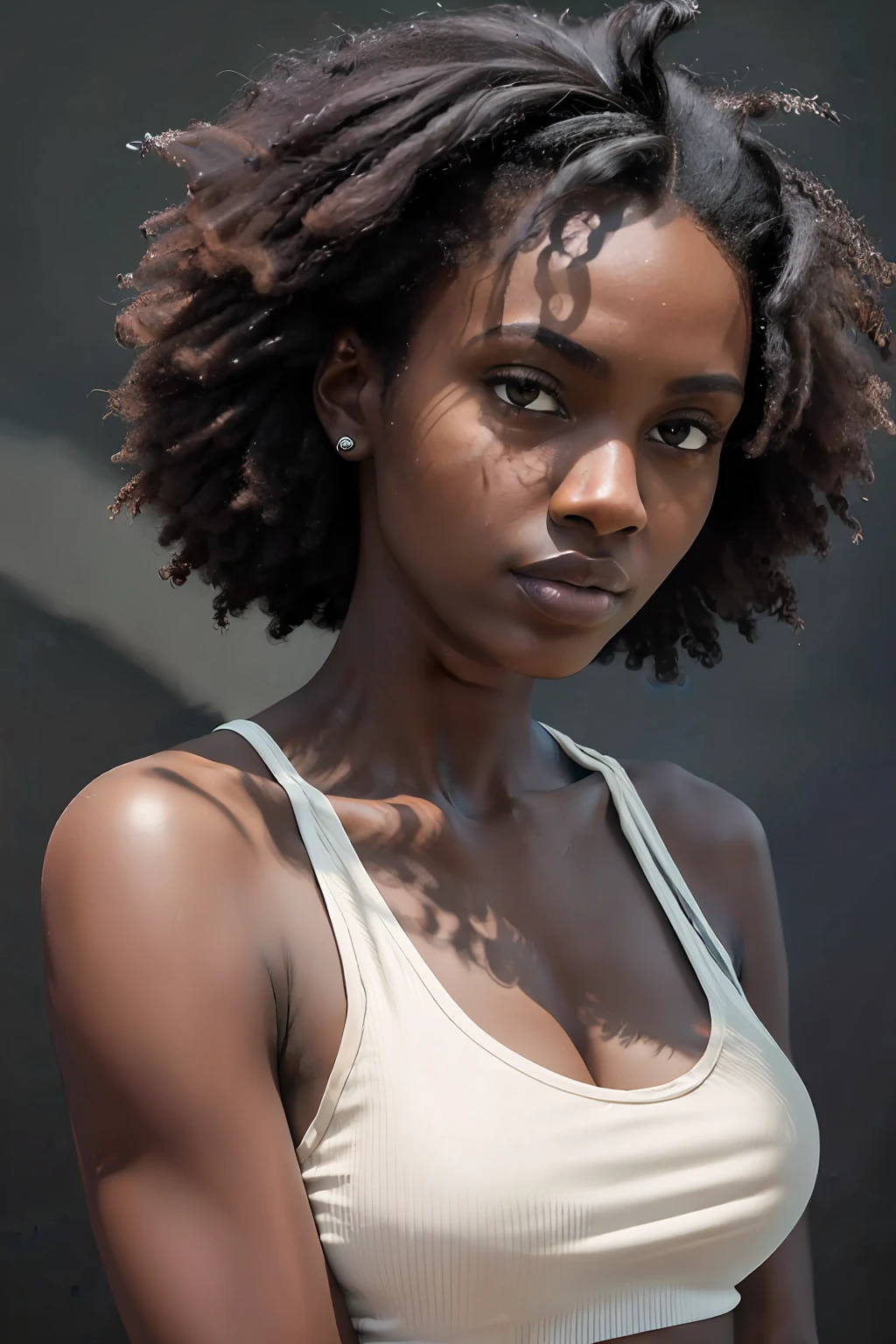 masterpiece, (best quality:1.5), highly detailed, (real photo:1.2) of young tall slender woman, dark skin, upper body, k, darkness, accent lighting, 100mm, high contrast, simple background, hands down, ((short:1.5)) curly hair, black tank top, ((shadows:1.2)), sharp focus, centered, looking at the camera, (aesthetic:1.3)