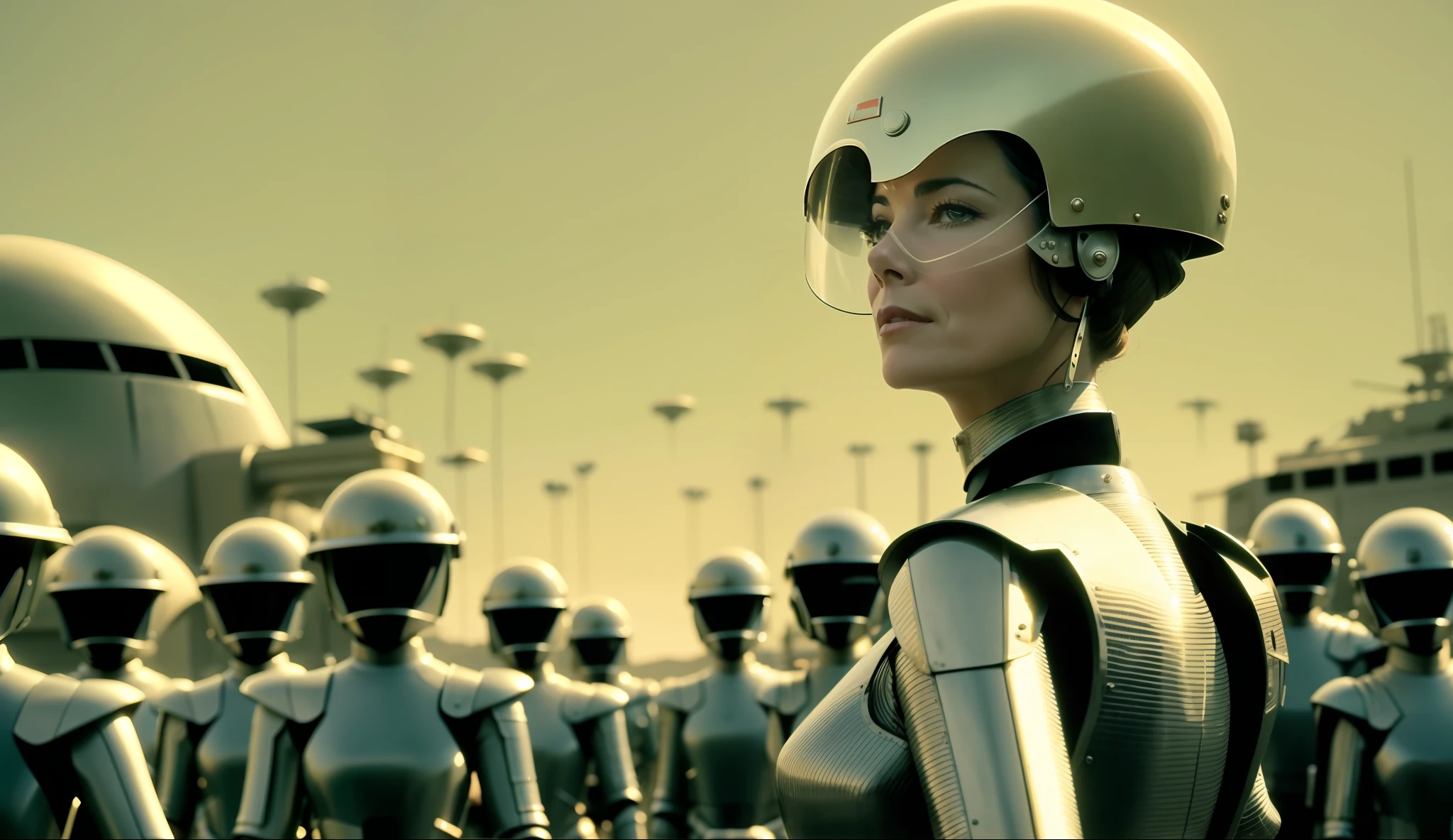 A close up of a woman in a helmet standing in front of a group of robots -  SeaArt AI