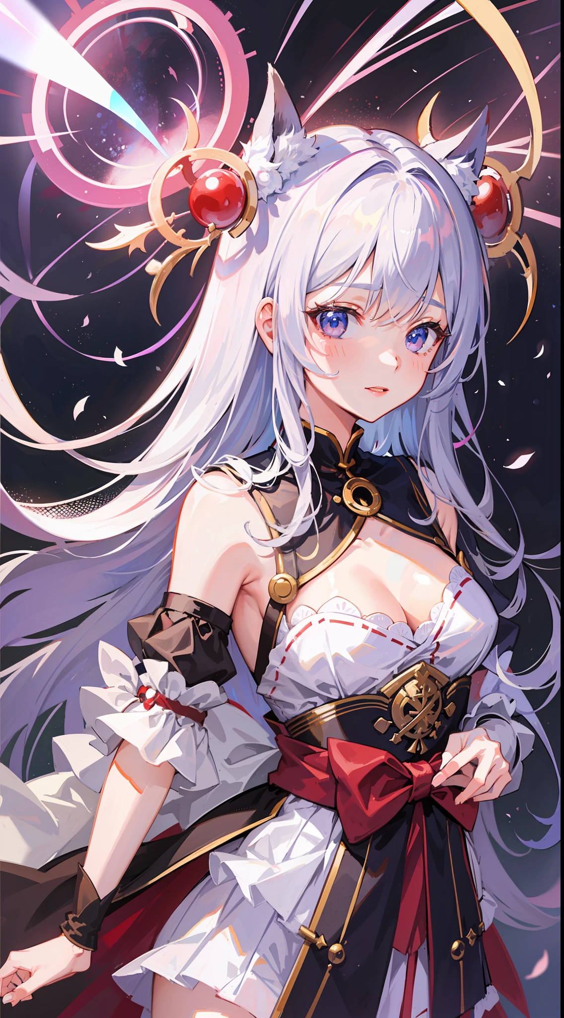 (Masterpiece), (Top Quality Anime Illustration), (Super Definition), (Super Detail), One Girl, Solo, Silver-haired Beautiful Girl, Anime Loli, Cat Ear , Petite, Red and White Priestess Costume, See-Through Red and White Hakama, Lolita Priestess, Smile, Small Breasts, Cleavage, Underboob, Thighs, Sakura, Shrine, Tarot Card Style