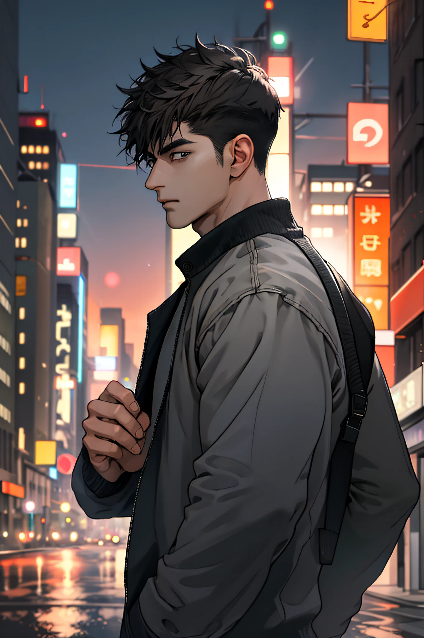 1man,masterpiece,best quality, ultra high res, dusk,cityscape,depth of field, short black messy hair, solo male