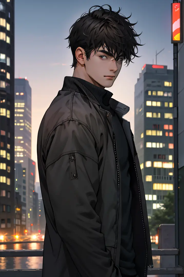 1man,masterpiece,best quality, ultra high res, dusk,cityscape,depth of field, short black messy hair, solo male