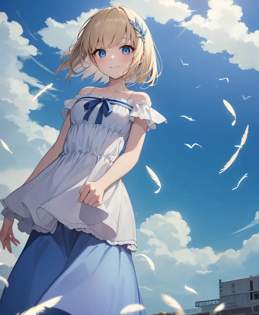 ((top quality, masterpiece)), pale blonde, blue eyes, 1 girl, short hair, white striped dress, ribbon on clothes, light blue sea...