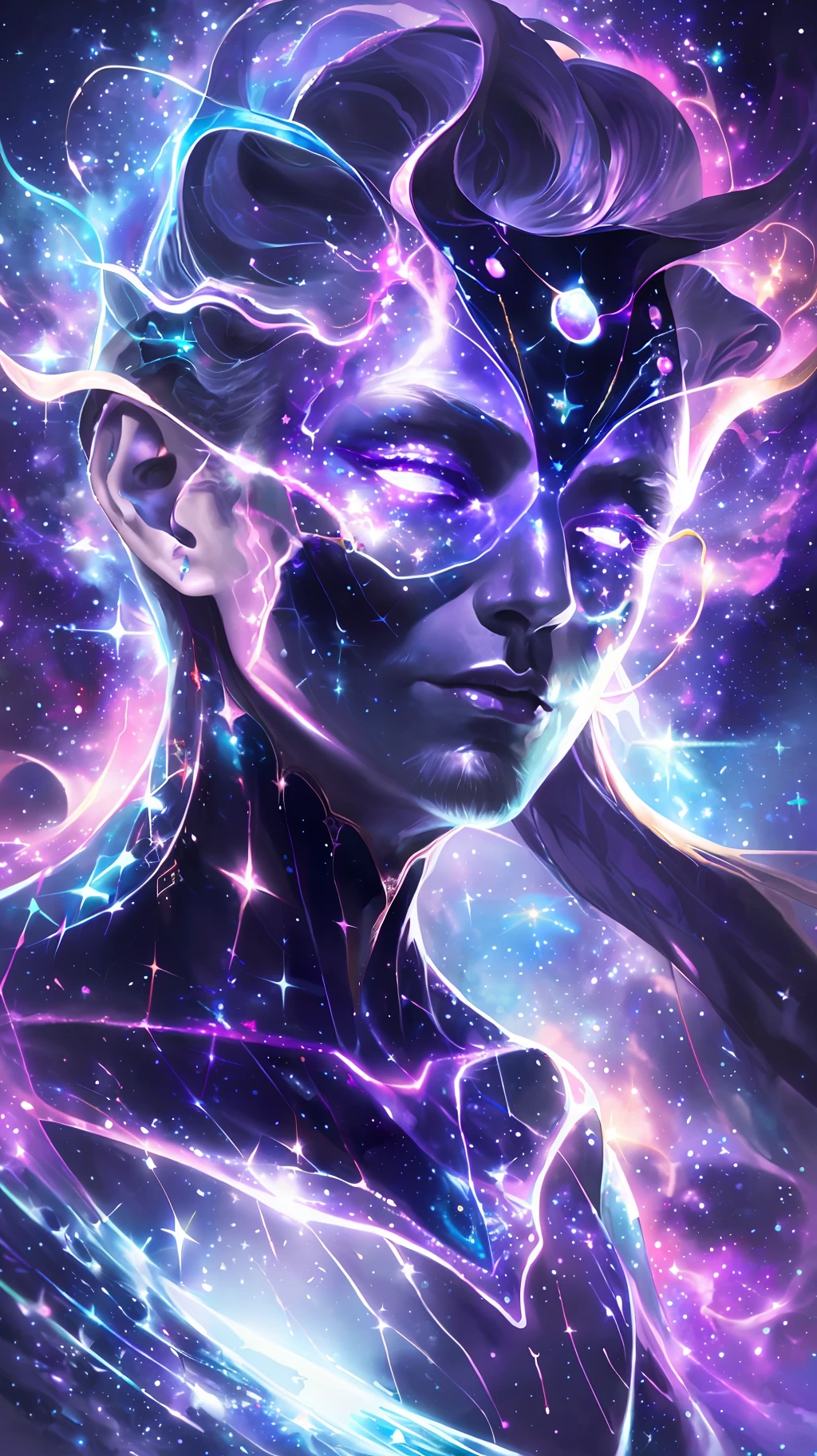 a close up of a person with a purple and blue background, portrait of a cosmic entity, strange portrait with galaxy, in the astral plane ) ) ), astral appearance, galactic dmt entity, nebula aura surrounding subject, glowing black aura, cosmic entity, galactic entity, galactic deity, cosmic horror entity, quality astral projection render, portrait of a cosmic god, astral ethereal