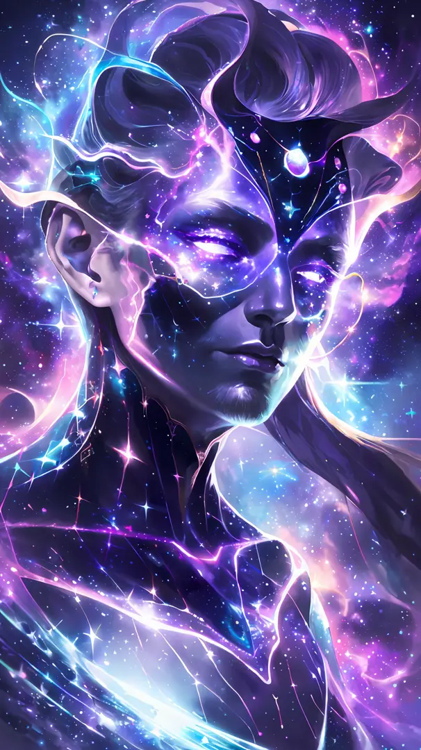 a close up of a person with a purple and blue background, portrait of a cosmic entity, strange portrait with galaxy, in the astr...