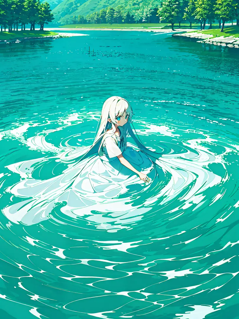 Masterpiece, best quality, a girl with long hair, soft white clothes, alone in the never-ending lake