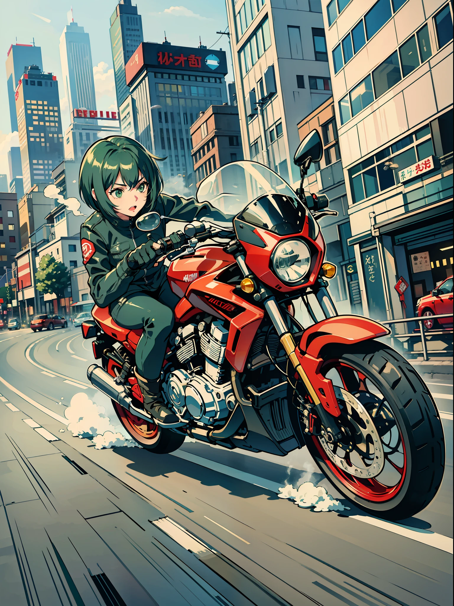 Красный большой мотоцикл едет на большой скорости по городу (превышение скорости), (замедленная съемка: 1.3), (Размытость: 1.3), (линия скорости: 1.4), Чувство скорости, девочка-кошка, короткие зеленые волосы боб, зеленые глаза, искры и дым от шин