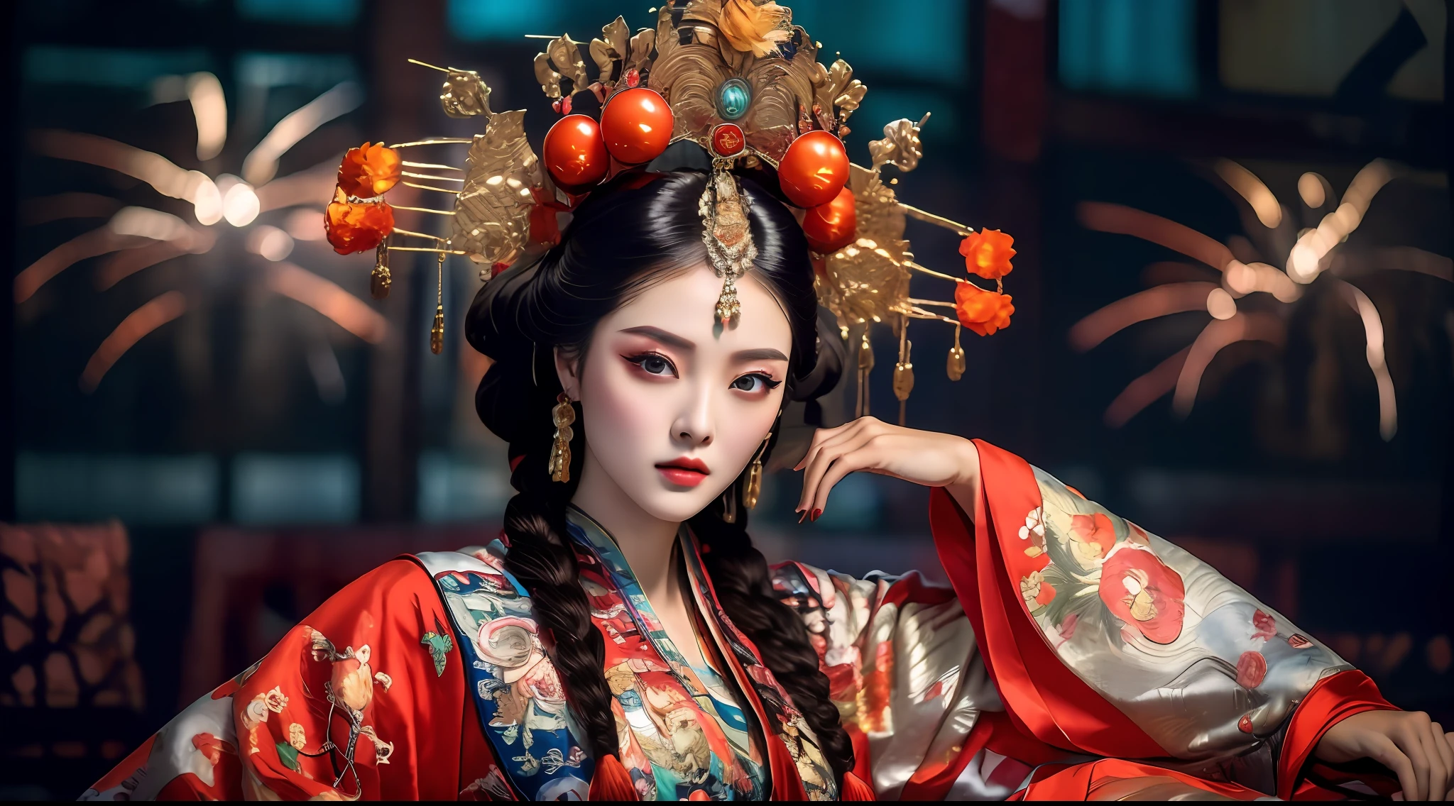 Masterpiece, (best quality: 1.3), ultra-high resolution, original photos, detailed skins, beautiful lighting, (realistic, photorealistic :1.4),
1 girl, national style, full body, (fireworks background: 1.2), professional stage light, peach blossom,