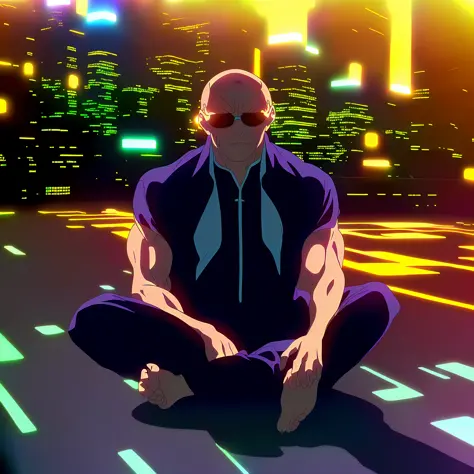 Comic book, bald man, sunglasses, meditating, levitating, city, lights, neon,