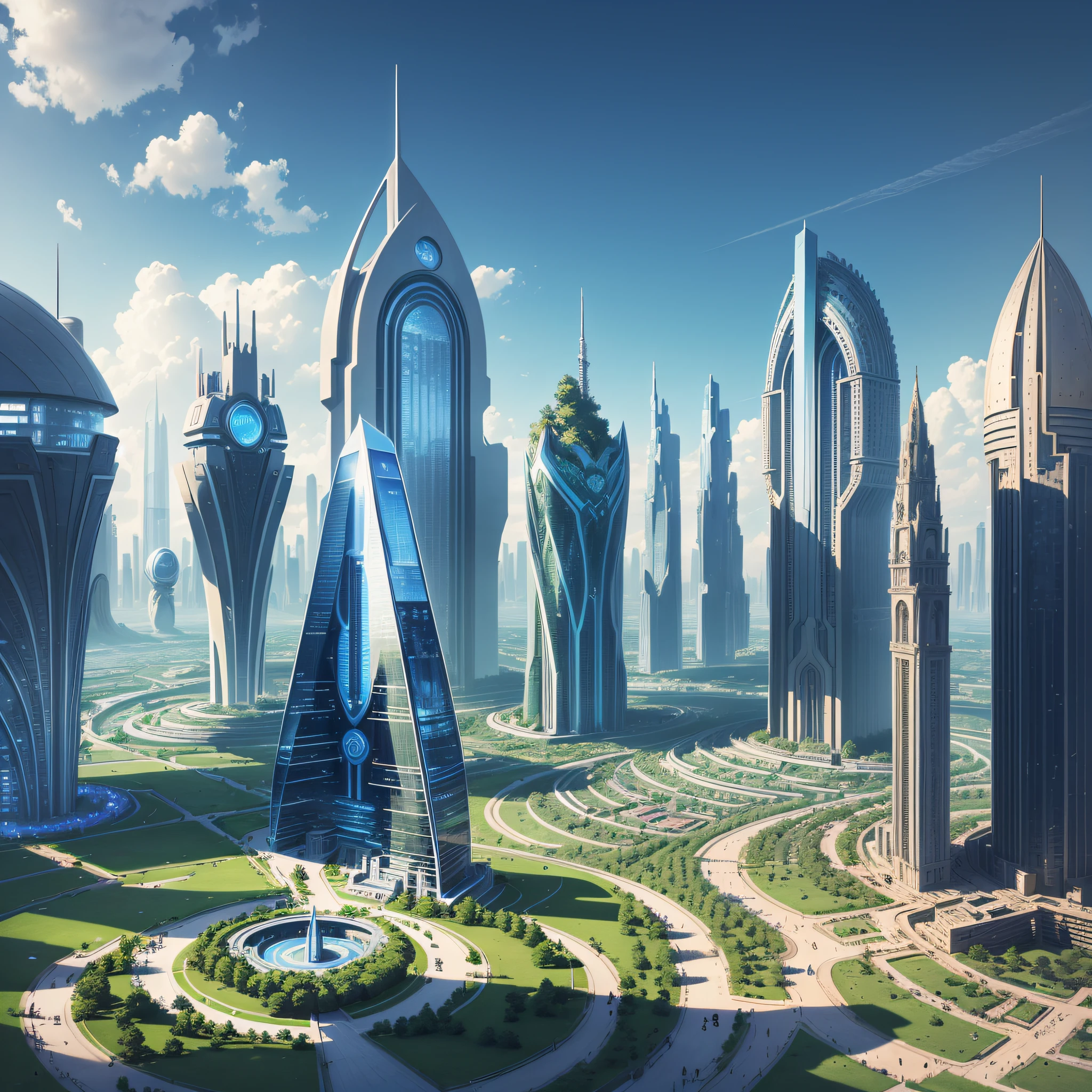 There are many cylindrical skyscrapers at the back of the field, blue ...