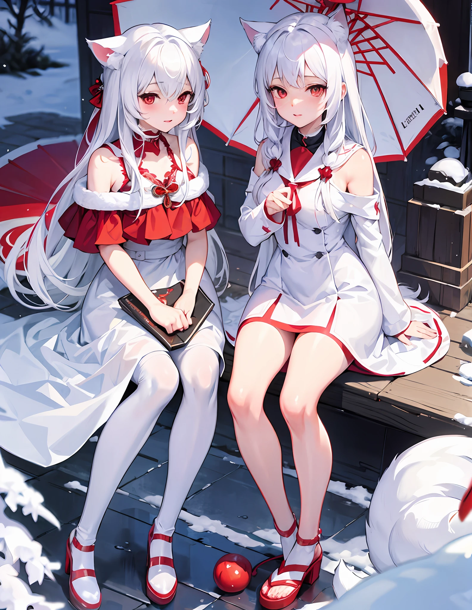 White hair, anime, shoujo, shrine, white cat ears, red witch costume, snow, red umbrella, red eyes, snow, white stockings