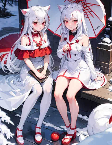 White hair, anime, shoujo, shrine, white cat ears, red witch costume, snow, red umbrella, red eyes, snow, white stockings