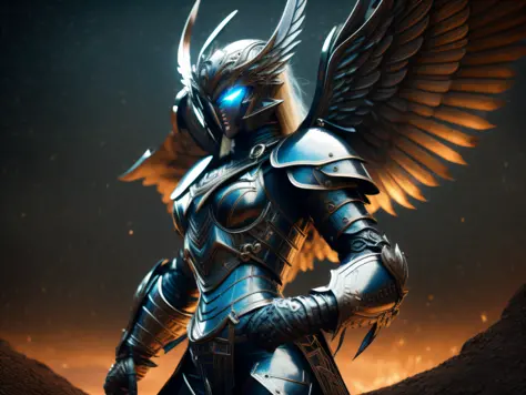 scantily clad woman, curly-haired blonde, blue eyes, black armor, 4 metal wings, sword in hands, dark desert background, dark place illuminated only by moonlight, in an apocalyptic place, detailed photo, realistic photo, realistic high quality, correct fac...