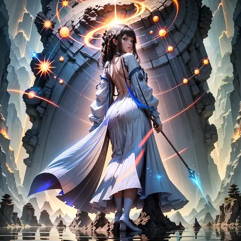 A beautiful girl in a mage dress, standing in the middle of the lake. Tall, perfectly fit, holding various light wands, spell-ca...
