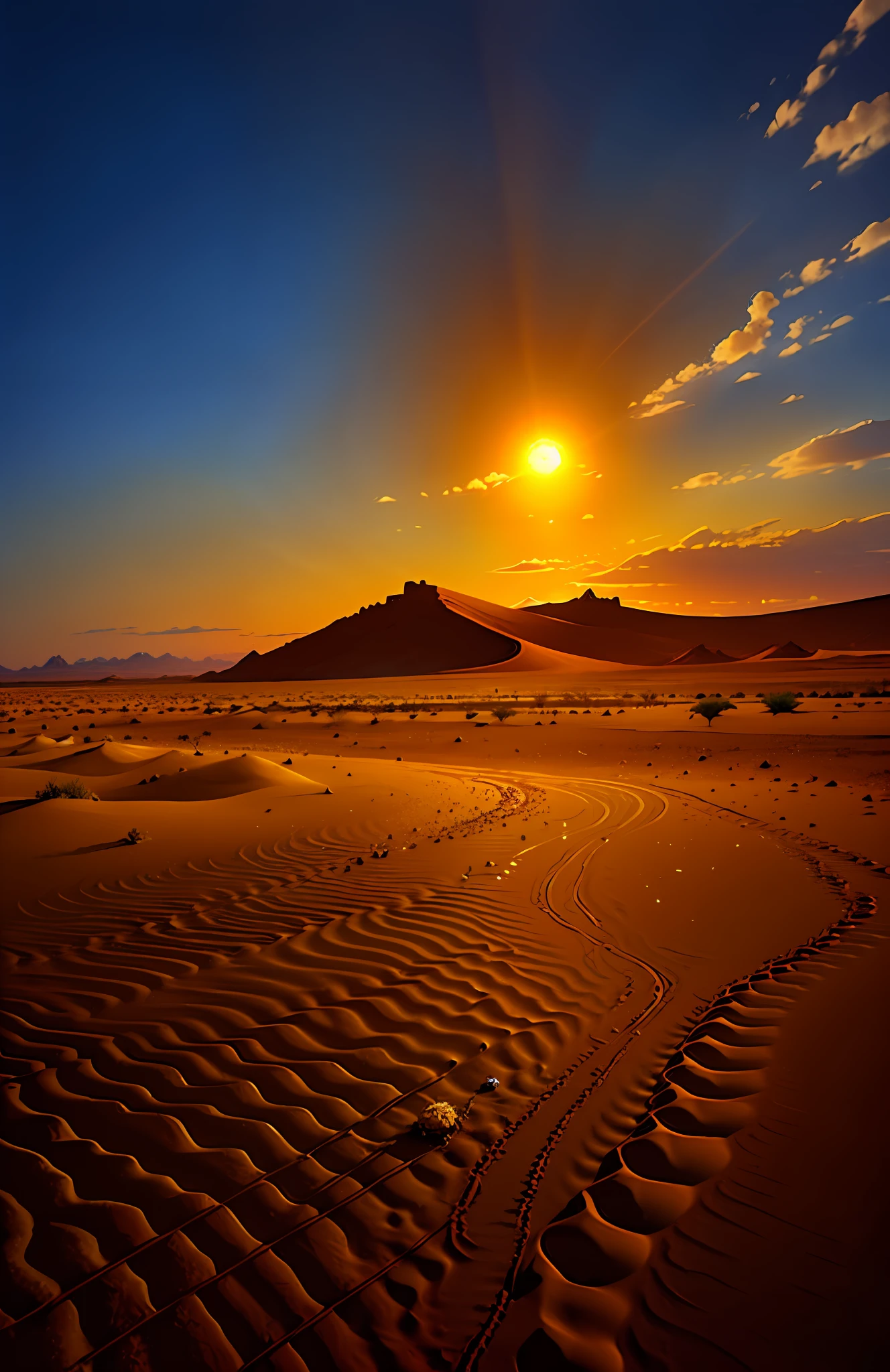 Un sol absolutamente fascinante sobre el sertão, desierto, con una mezcla de naranjas, rosas y amarillos. Restos de animales muertos en el suelo. Dead ox head in the desierto sand.