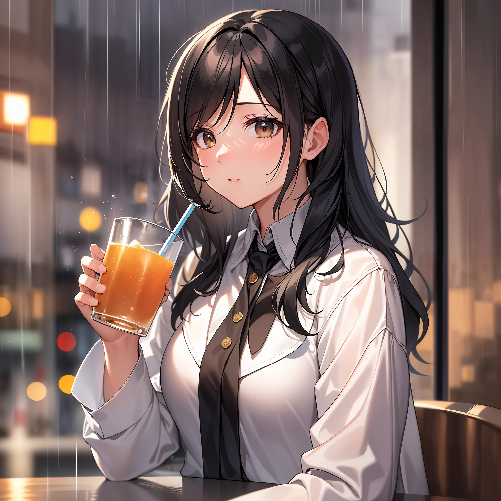 "((obra_maestra)), best quality, ultra detailed, girl with bangs, black hair, blurred city background, depth of field, drinking drink in glass, sitting at the window, holding cup on thighs, only in the rain."