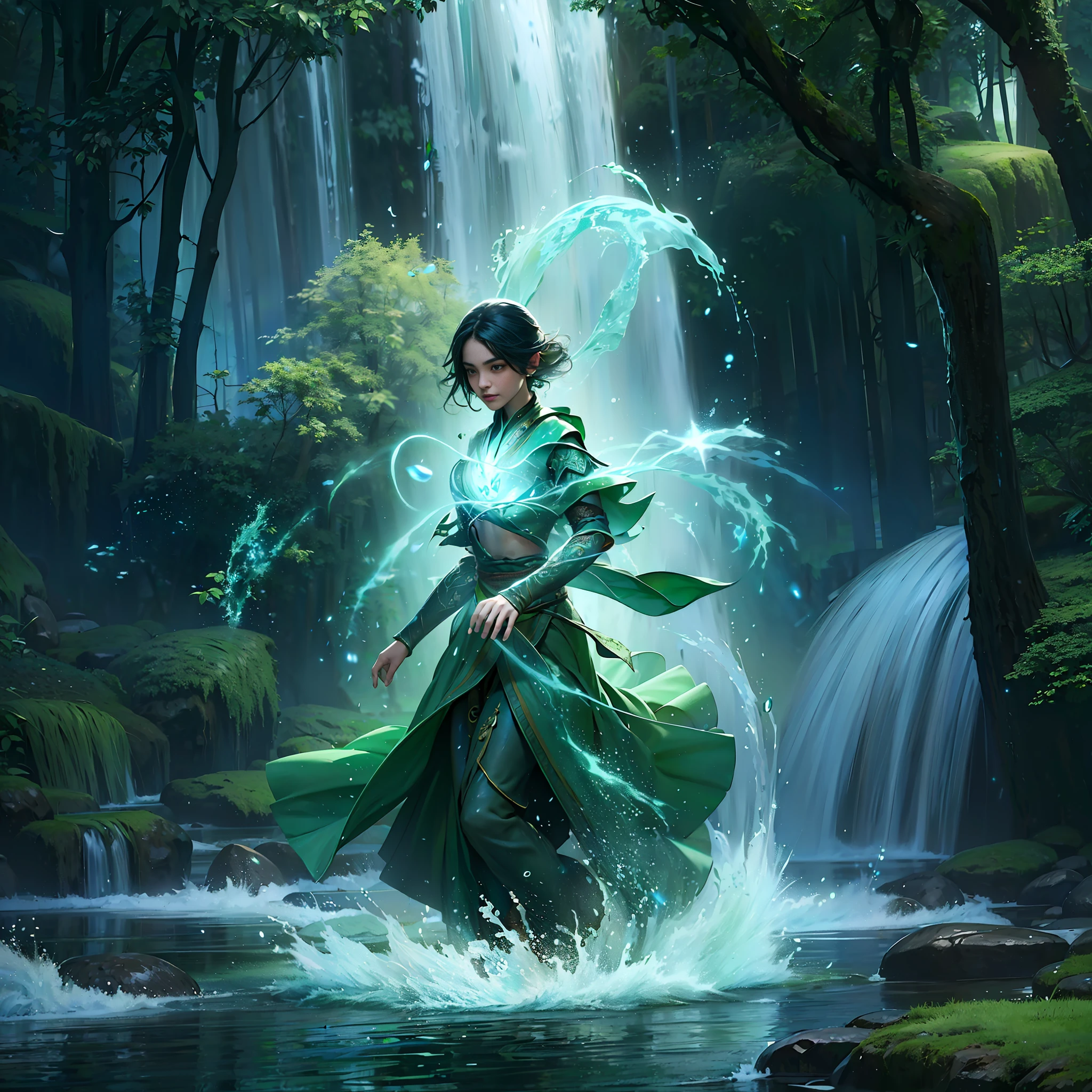 1 garota,corpo todo,Saia verde,agua Verde,Yushui,luz,procurar forword,8K,Obra de arte