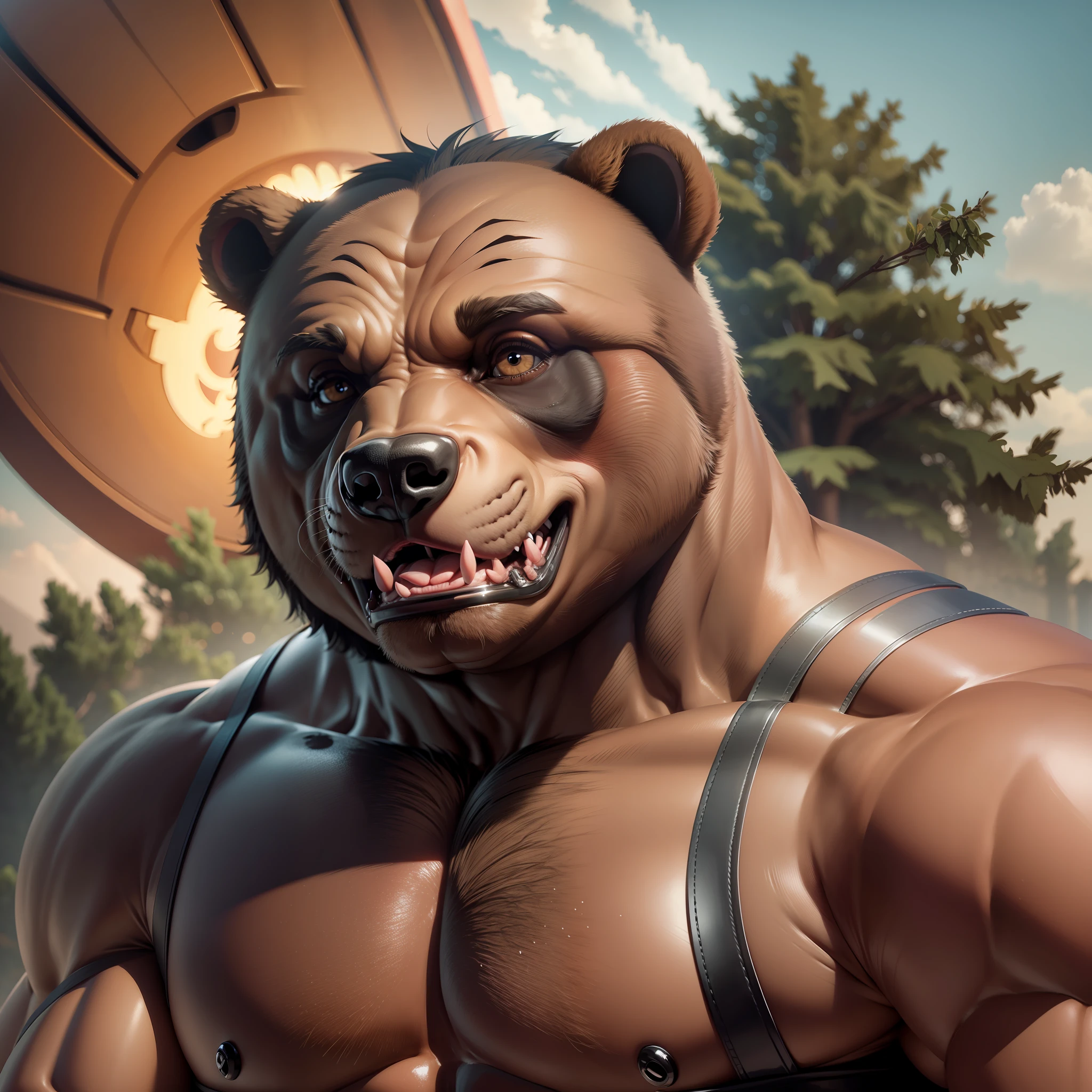 A close up of a bear with a big head and a big chest - SeaArt AI