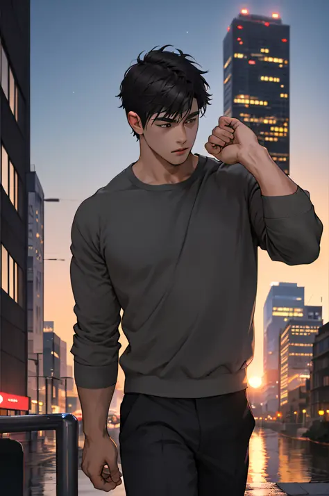 1man,masterpiece,best quality, ultra high res, dusk,cityscape,depth of field, short black messy hair, solo male