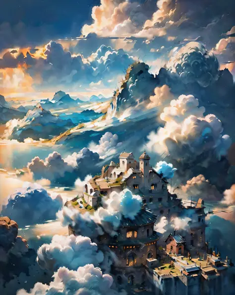 (ancient big village in ruins:1.3), sea of clouds, ((Top quality, 8k, masterpiece: 1.3)), 3d, render, cinematic, dark, low light...