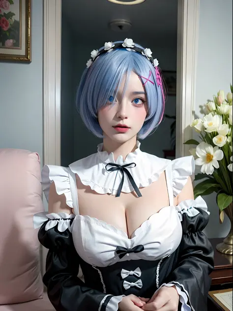 R_E_M, 1 girl, (beauty face: 1.25) short blue hair, blue eyes, hair over one eye, hair ornament, pink hair ribbon, rem maid outfit, detached sleeves, (real: 1.7), (best quality)), absurdity, (ultra high resolution), (photorealistic: 1.6), photorealistic, o...