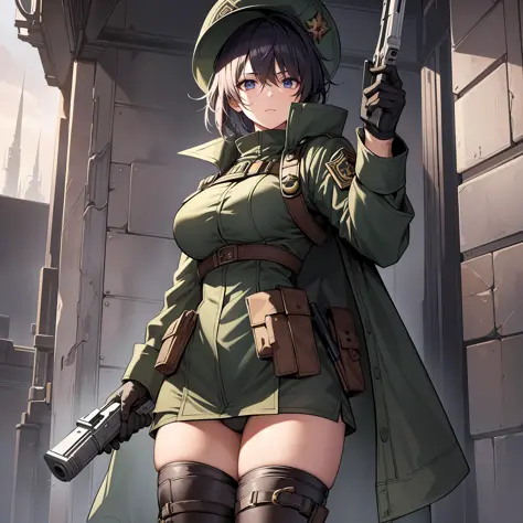 The masterpiece is an illustration of high resolution and incomparable quality. The protagonist is a girl with boots, gloves and a plate cap, holding a gun. He wears a military-style coat and mask, and has large thighs. His hair is short and he has a scar ...