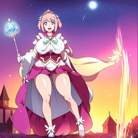 mamika,huge breast, curvy, long dress, long robes, , long skirt, tall female, smile, happy, blush,emale,fantasy goddess,there is a cartoon picture of a woman with a very large breast, glowing angelic being, glowing holy aura, inspired by Luma Rouge, the no...