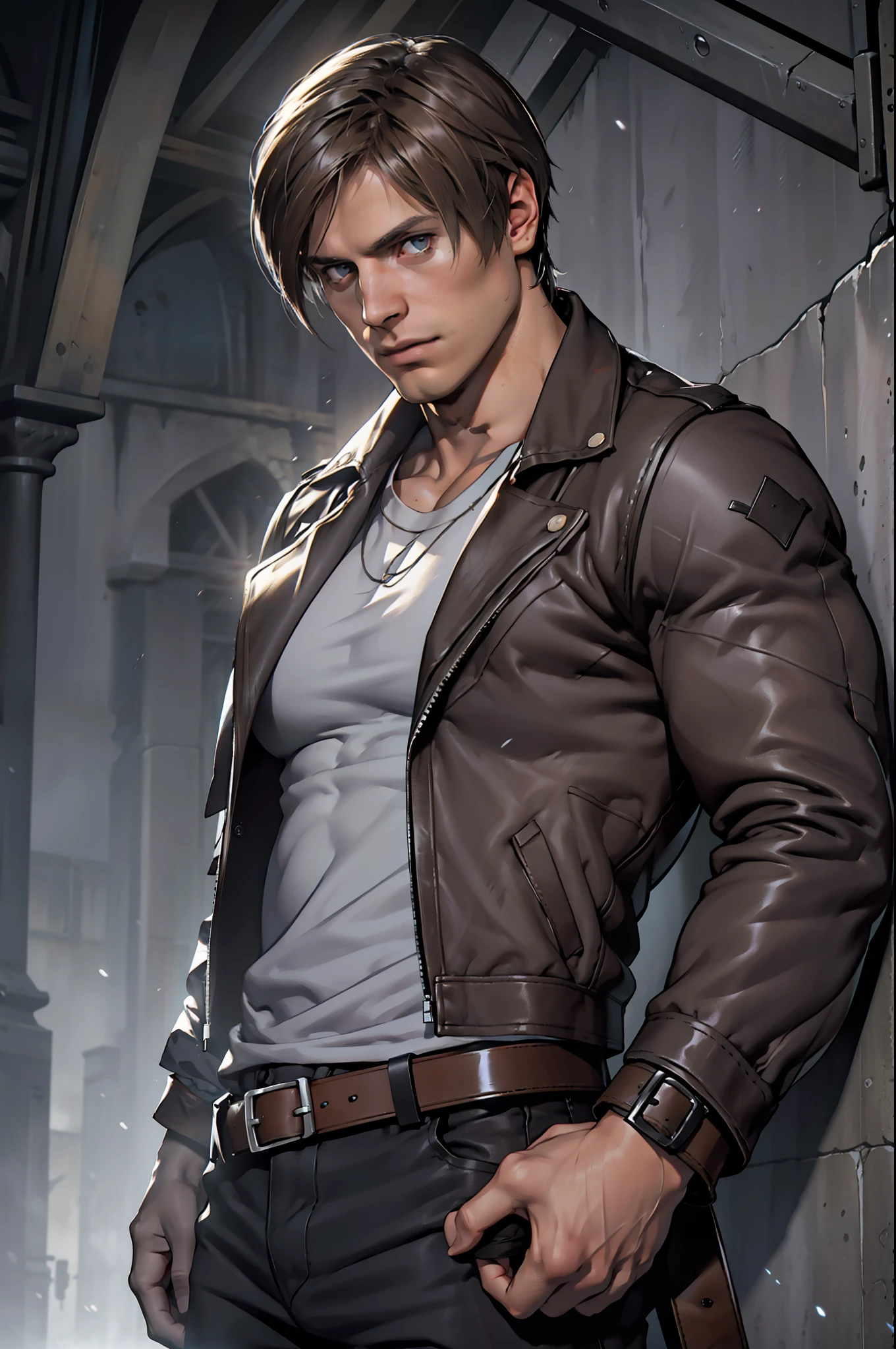 1 man, young man, 27 year old, Leon S. Kennedy from Resident evil 4, face of Eudard Badaluta, solo, white skin, muscular, lean muscle man, tall, hunk, wide shoulder, clean-shaven, dark brown hair, curtain hairstyle, dark brown cold long sleeve leather jacket with white fur on the neck, black color T shirt inside, black pant, holding a pistol on right hand, viewer looking, high resolution:1.2, best quality, upper body shot, flat style, cloudy sky and old Spanish village background, nightime, low camera angle, volumetric lighting, depth of field, shadow