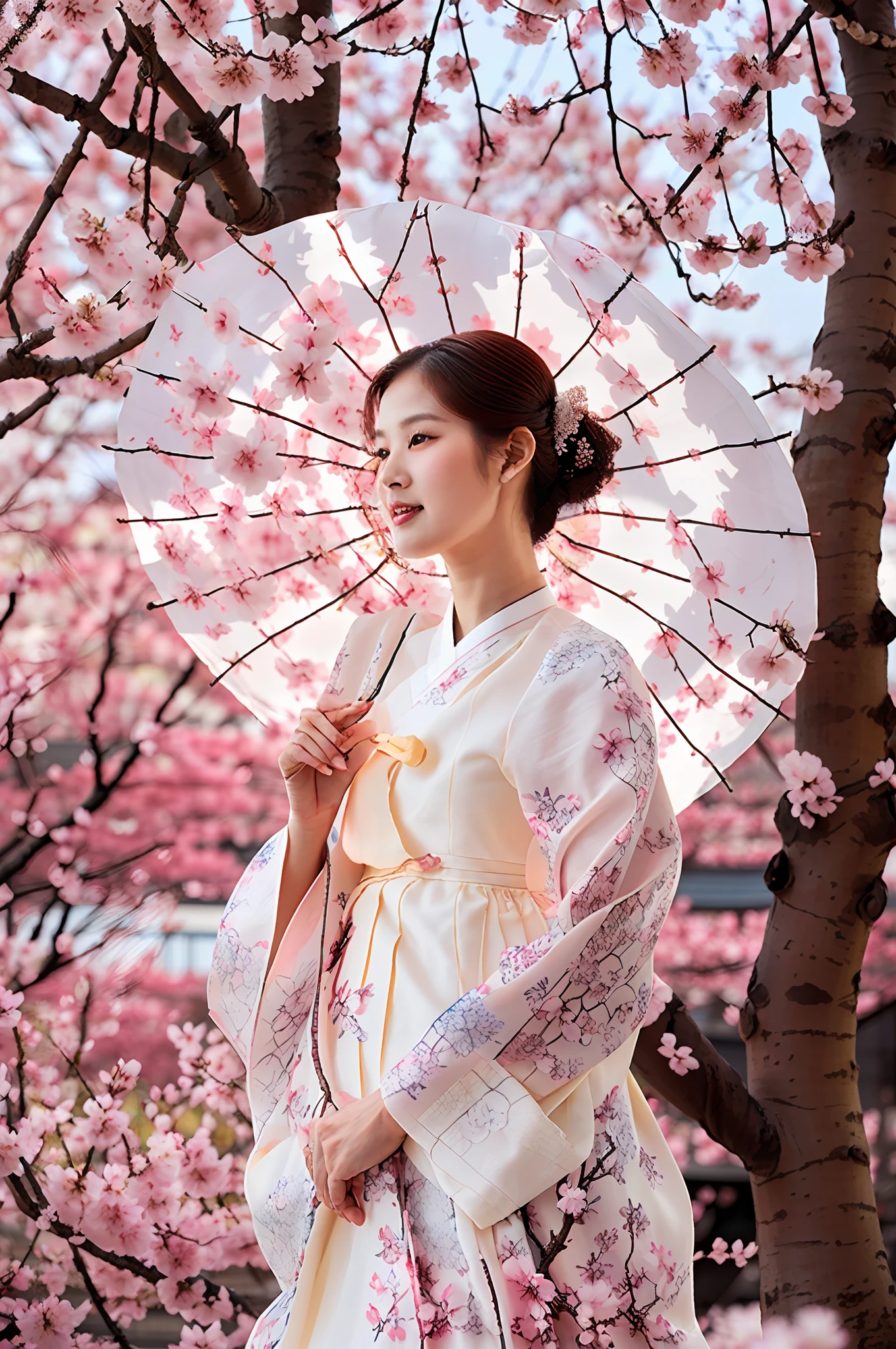 Woman with umbrella in front of cherry blossoms, umbrella flesh and umbrella stand brown, elegant oriental woman, young model, pretty face, left hand on waist, cherry blossom pattern silk hanbok, cherry blossom season, 8k,