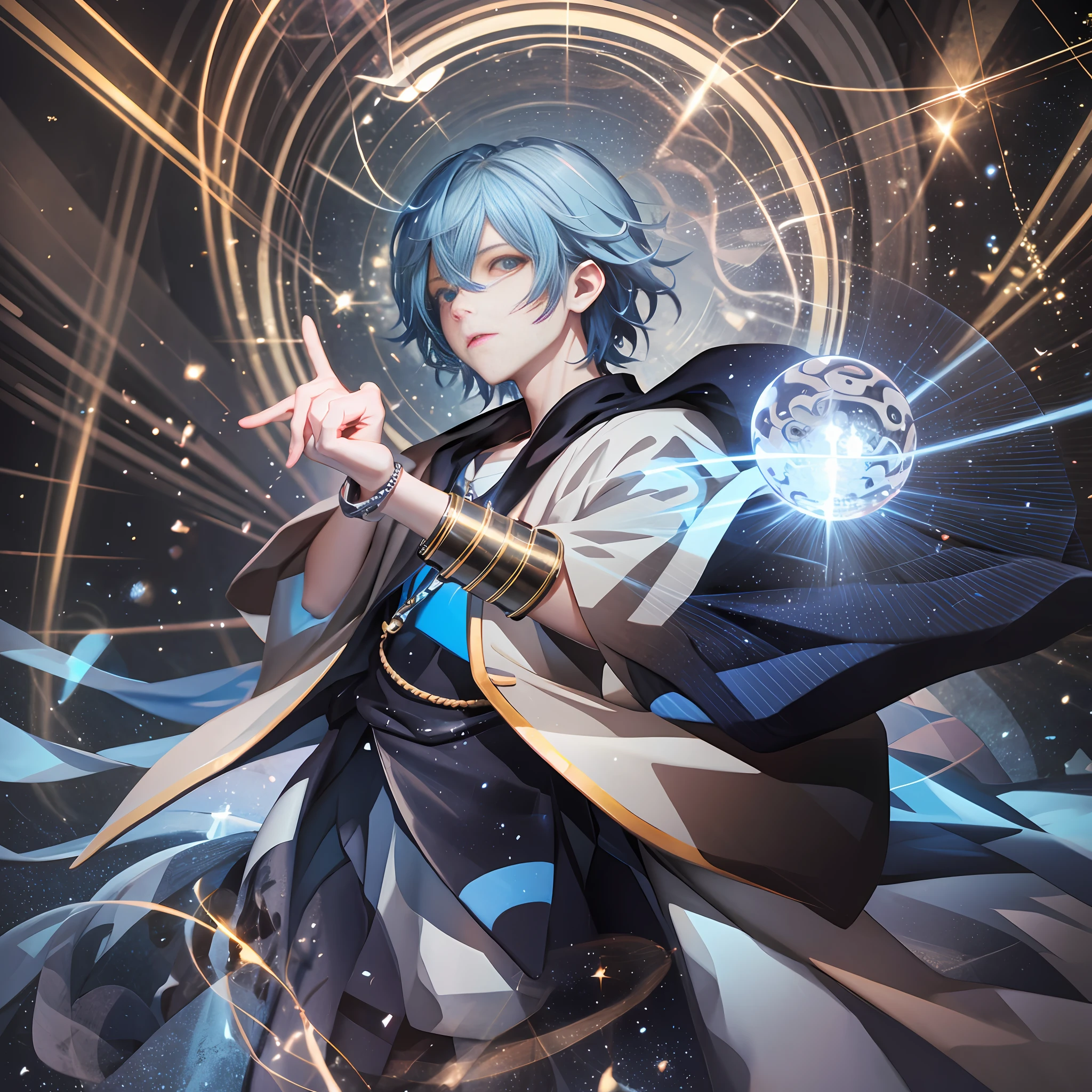 An electric ball of light, blue light, anime boy, hands outstretched